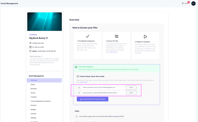 Screening Host Event dashboard